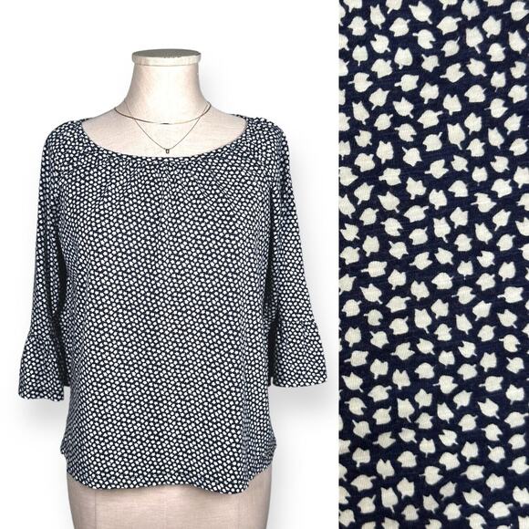 MICHAEL KORS Bell Sleeve Blouse Rose Print Relaxed Blue Chic Contemporary Small - Picture 1 of 10